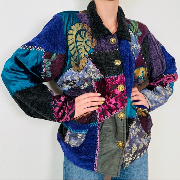 Vintage Tapestry Patch Velour Knit Gold Button Jacket boho quilted - Picture 3 of 10